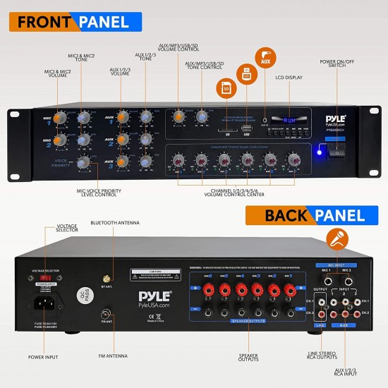 Wireless Bluetooth Power Amplifier System - 4200W 6CH Powered Rack Mount Portable Surround Sound Multi Zone Audio Home Stereo Receiver Box w/RCA, USB, AUX - for Speaker, PA, Theater - Pyle PT6000CH