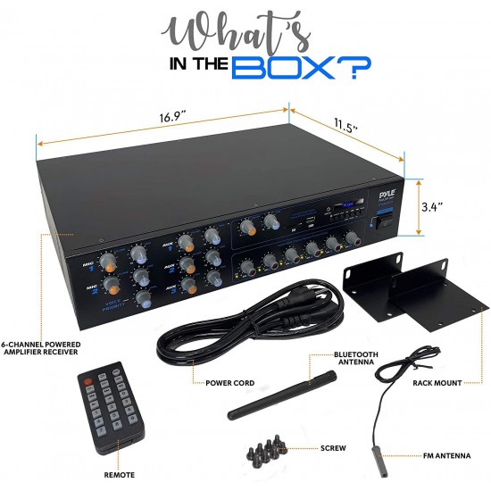 Wireless Bluetooth Power Amplifier System - 4200W 6CH Powered Rack Mount Portable Surround Sound Multi Zone Audio Home Stereo Receiver Box w/RCA, USB, AUX - for Speaker, PA, Theater - Pyle PT6000CH