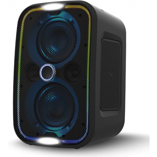 Brookstone Big Blue Go High Power Wireless Indoor/Outdoor Portable Speaker, Bluetooth, Built-in Qi Charging Pad, LED Party Lights, Karaoke Mic Input, High-Res Audio, Intense Bass, IPX5, Tap-to-Link