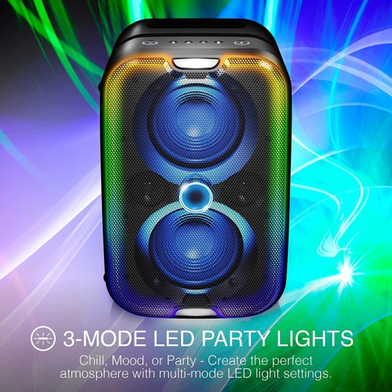 Brookstone Big Blue Go High Power Wireless Indoor/Outdoor Portable Speaker, Bluetooth, Built-in Qi Charging Pad, LED Party Lights, Karaoke Mic Input, High-Res Audio, Intense Bass, IPX5, Tap-to-Link