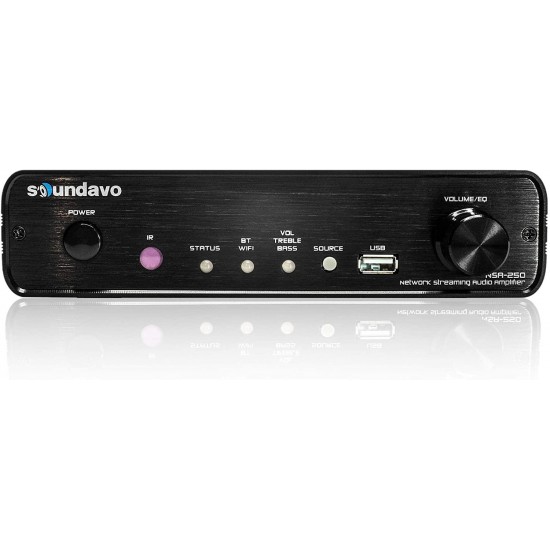 Soundavo NSA-250 Multiroom Music Streamer Amplifier 2 x 50W | Airplay, DLNA, WiFi & Bluetooth | 24bit 192 kHz Hi-Fi Audio Integrated 2.1 Channel Amp for Home Speakers