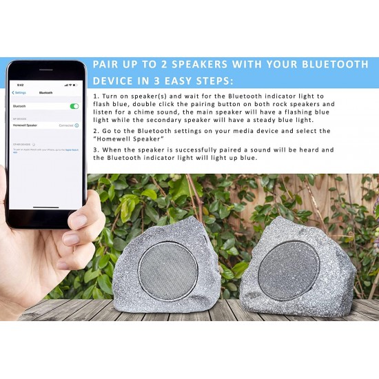 Homewell Outdoor Rock Speaker Solar-Powered Wireless Bluetooth 5.0 Portable Speaker Weatherproof for Patio, Pool, Deck, Yard, Garden and Home (4-Pack)