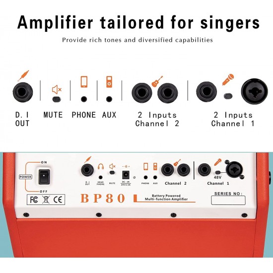 Coolmusic BP80 Powered Bass Acoustic Guitar Amplifier- Portable Bluetooth Speaker 100W W/Battery, 6 Inputs,3 Band EQ