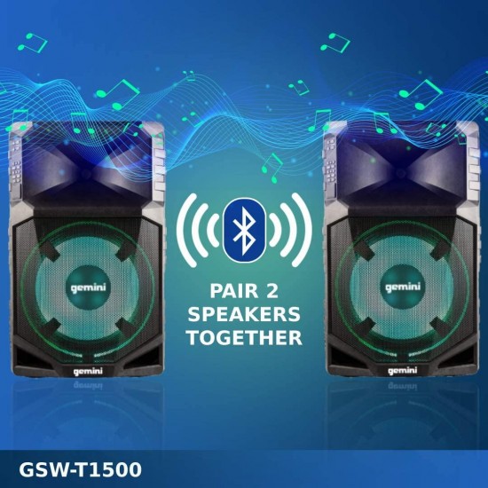 Gemini Sound GSW-T1500PK Pro Audio Wireless Rechargeable Portable Bluetooth 1500W Watts Waterproof Weatherproof LED Party Lights Indoor Outdoor Speaker, 15