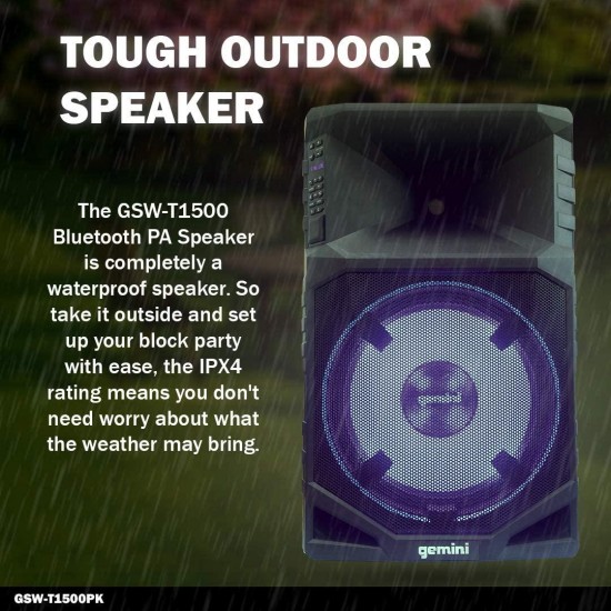 Gemini Sound GSW-T1500PK Pro Audio Wireless Rechargeable Portable Bluetooth 1500W Watts Waterproof Weatherproof LED Party Lights Indoor Outdoor Speaker, 15