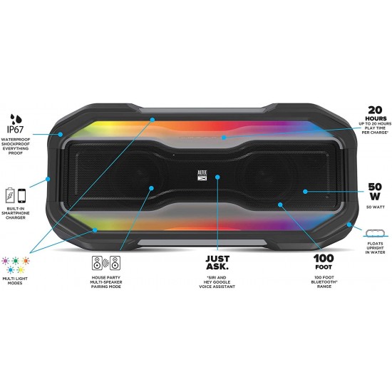 Altec Lansing ROCKBOX XL Wireless Bluetooth Speaker, Portable Waterproof Party Speaker with 20 Hour Playtime and 5 Illuminating LED Light Modes, Floating Wireless Speaker for Indoors and Outdoors