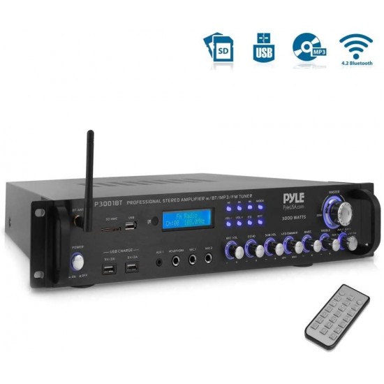 Pyle Bluetooth Hybrid Amplifier Receiver - Home Theater Pre-Amplifier with Wireless Streaming Ability, MP3/USB/SD/AUX/FM Radio (3000 Watt)