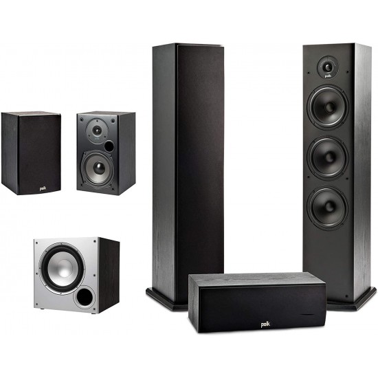 Polk Audio 5.1 Channel Home Theater System with Powered Subwoofer |Two (2) T15 Bookshelf, One (1) T30 Center Channel, Two (2) T50 Tower Speakers, PSW10 Sub | Alexa + HEOS