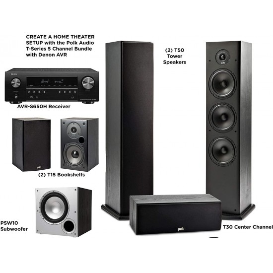 Polk Audio 5.1 Channel Home Theater System with Powered Subwoofer |Two (2) T15 Bookshelf, One (1) T30 Center Channel, Two (2) T50 Tower Speakers, PSW10 Sub | Alexa + HEOS