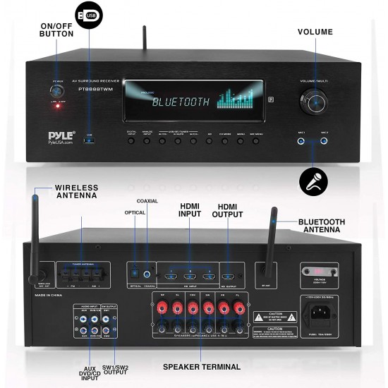 1000W Bluetooth Home Theater Karaoke Receiver - 5.2-Ch Stereo Amplifier 2 UHF Wireless Microphone Video Pass-Through Supports, MP3/USB/HDMI/AM/FM Radio - Pyle PT888BTWM.5