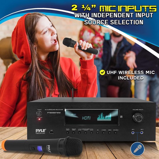 1000W Bluetooth Home Theater Karaoke Receiver - 5.2-Ch Stereo Amplifier 2 UHF Wireless Microphone Video Pass-Through Supports, MP3/USB/HDMI/AM/FM Radio - Pyle PT888BTWM.5