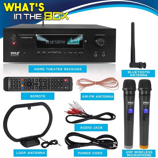 1000W Bluetooth Home Theater Karaoke Receiver - 5.2-Ch Stereo Amplifier 2 UHF Wireless Microphone Video Pass-Through Supports, MP3/USB/HDMI/AM/FM Radio - Pyle PT888BTWM.5