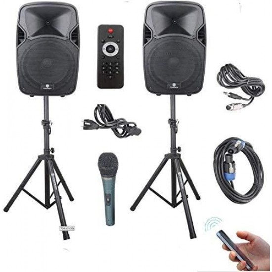 PRORECK Party 12 12-Inch 1000 Watts 2-Way Powered PA Speaker System Combo Set with Bluetooth/USB/SD Card Reader/FM Radio/Remote Control/Speaker Stand