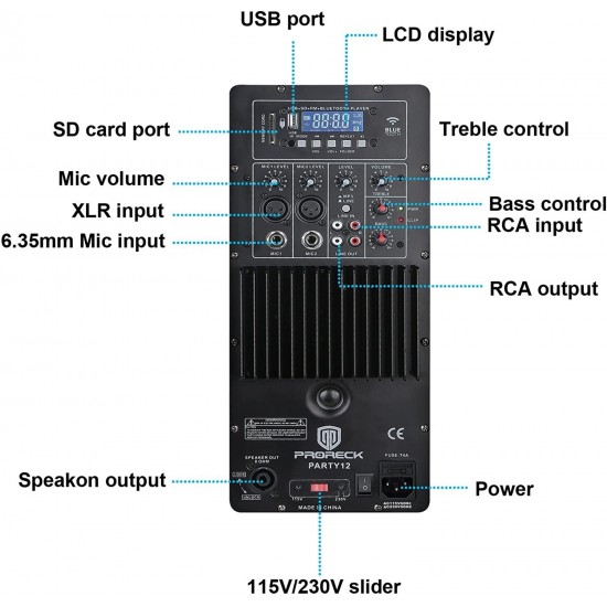 PRORECK Party 12 12-Inch 1000 Watts 2-Way Powered PA Speaker System Combo Set with Bluetooth/USB/SD Card Reader/FM Radio/Remote Control/Speaker Stand