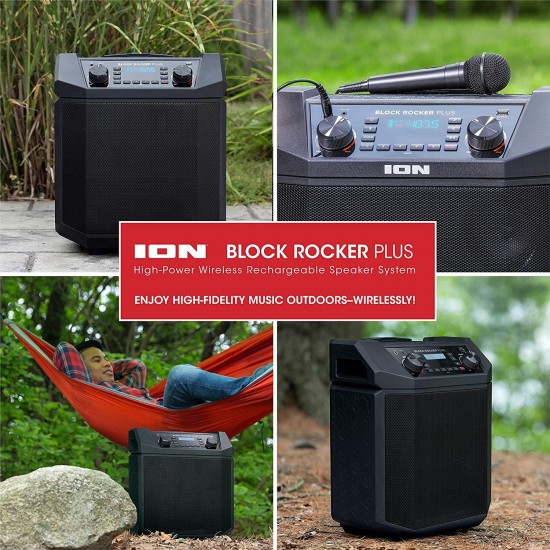 ION Audio Block Rocker Plus - Portable Bluetooth Speaker 100W W/Battery, Karaoke Microphone, AM FM Radio, Wheels & Telescopic Handle and USB Charging