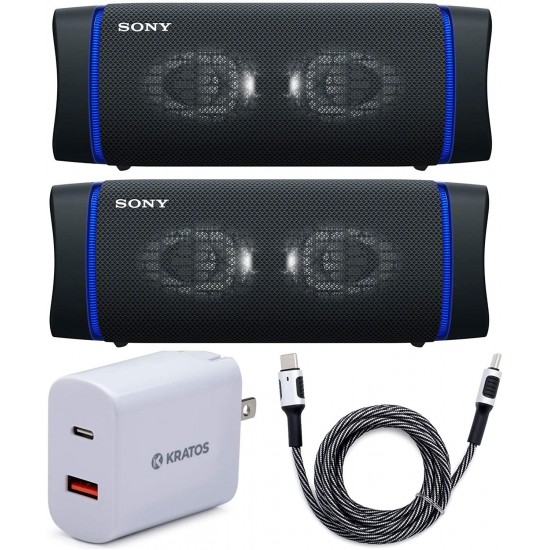 Sony SRSXB33 Extra BASS Bluetooth Wireless Speaker (Black) Stereo Pair (2 Speakers, Left/Right Channel) with Kratos 18W PD Two-Port Power Adapter and Kratos Nylon Braided Cable Bundle (4 Items)