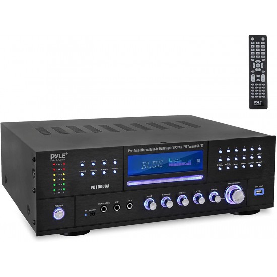 4-Channel Wireless Bluetooth Power Amplifier - 1000W Stereo Speaker Home Audio Receiver w/FM Radio, USB, Headphone, 2 Mic w/Echo, Front Loading CD DVD Player, LED, Rack Mount - Pyle PD1000BA.5