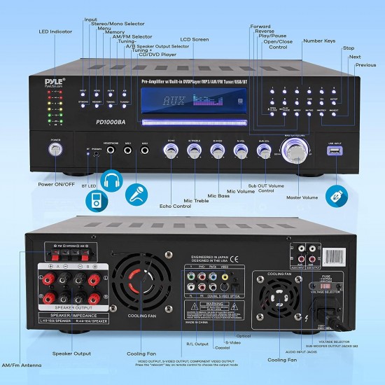 4-Channel Wireless Bluetooth Power Amplifier - 1000W Stereo Speaker Home Audio Receiver w/FM Radio, USB, Headphone, 2 Mic w/Echo, Front Loading CD DVD Player, LED, Rack Mount - Pyle PD1000BA.5