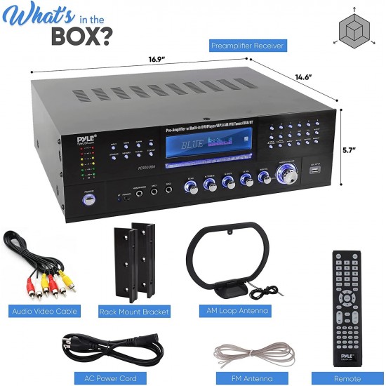 4-Channel Wireless Bluetooth Power Amplifier - 1000W Stereo Speaker Home Audio Receiver w/FM Radio, USB, Headphone, 2 Mic w/Echo, Front Loading CD DVD Player, LED, Rack Mount - Pyle PD1000BA.5