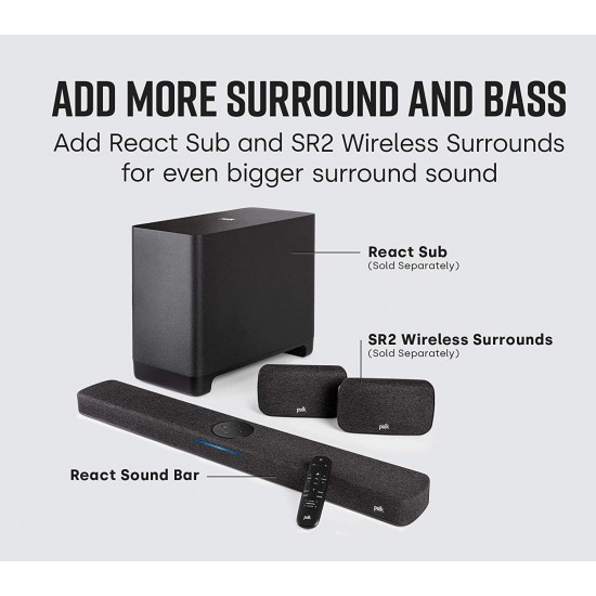 Polk Audio React Sound Bar, Dolby & DTS Virtual Surround Sound, Next Gen Alexa Voice Engine with Calling and Messaging Built-in — A Certified for Humans Device