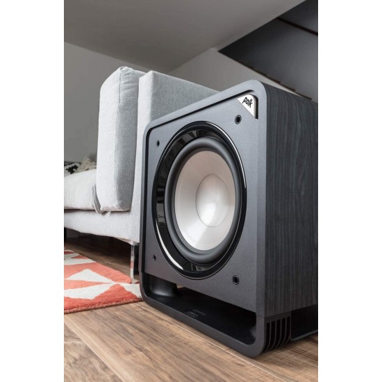 Polk Audio HTS 12 Powered Subwoofer with Power Port Technology | 12” Woofer, up to 400W Amp | For the Ultimate Home Theater Experience | Modern Sub that Fits in any Setting | Washed Black Walnut