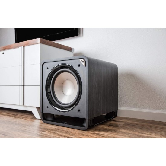 Polk Audio HTS 12 Powered Subwoofer with Power Port Technology | 12” Woofer, up to 400W Amp | For the Ultimate Home Theater Experience | Modern Sub that Fits in any Setting | Washed Black Walnut