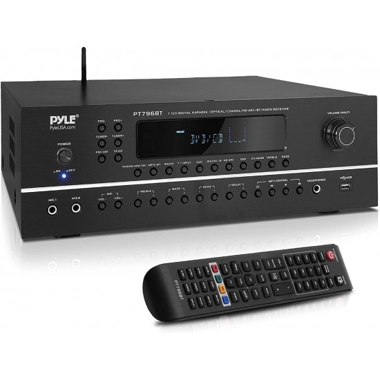 Pyle 7.1-Channel Hi-Fi Bluetooth Stereo Amplifier - 2000 Watt AV Home Theater Speaker Subwoofer Surround Sound Receiver w/ Radio, USB, RCA, HDMI, MIC IN, Supports 4K UHD TV, 3D, Blu-Ray - PT796BT