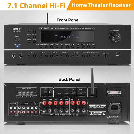 Pyle 7.1-Channel Hi-Fi Bluetooth Stereo Amplifier - 2000 Watt AV Home Theater Speaker Subwoofer Surround Sound Receiver w/ Radio, USB, RCA, HDMI, MIC IN, Supports 4K UHD TV, 3D, Blu-Ray - PT796BT