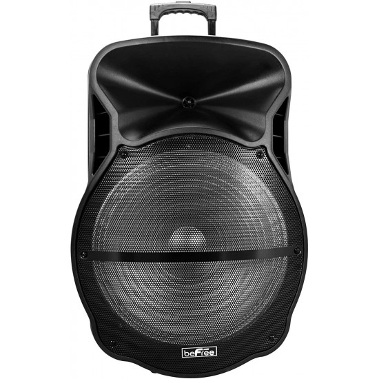 beFree Sound 18 Inch BT Portable Rechargeable Party Speaker with Sound Reactive LED Party Lights, USB/SD, Microphone/Guitar Inputs and FM Radio, Black