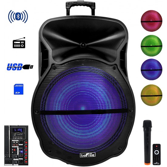 beFree Sound 18 Inch BT Portable Rechargeable Party Speaker with Sound Reactive LED Party Lights, USB/SD, Microphone/Guitar Inputs and FM Radio, Black