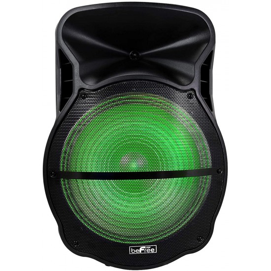 beFree Sound 18 Inch BT Portable Rechargeable Party Speaker with Sound Reactive LED Party Lights, USB/SD, Microphone/Guitar Inputs and FM Radio, Black