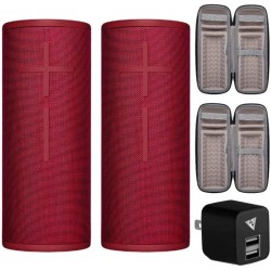 Ultimate Ears Boom 3 Waterproof Bluetooth Speakers Pair (Sunset Red) with Included Cables Bundled with 2 Knox Gear Padded Protective Cases and AC Dual USB Wall Adapter (5 Items)