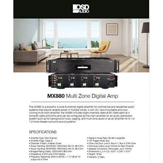 OSD Audio 4 Zone 8-Channel Digital Amplifier, 80W/Channel, Distributed Audio & Home Theater - MX880