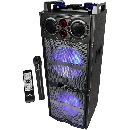 beFree Sound BFS-5501 Double Subwoofer Bluetooth Portable Party Speaker with Reactive Lights, USB/SD Input, FM Radio, Remote Control and Microphone, Blue