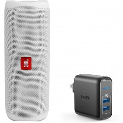 JBL Flip 5 Waterproof Portable Wireless Bluetooth Speaker Bundle with 2-Port USB Wall Charger - White