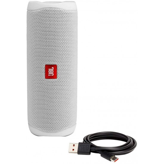 JBL Flip 5 Waterproof Portable Wireless Bluetooth Speaker Bundle with 2-Port USB Wall Charger - White