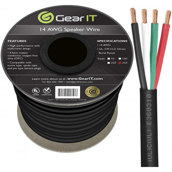 GearIT Pro Series 14 Gauge 4-Conductor Speaker Wire (250 Feet / 76 Meters) 14 AWG OFC (99.9% Oxygen Free Copper) Speaker Wire CL3 Rated for Outdoor Direct Burial Use, Black