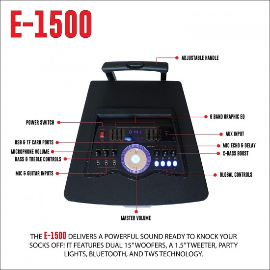 QFX E-1500 Professional Large Bluetooth Speakers | Portable PA Speaker System | Dual 15” Woofers, 1.5” Tweeter, and Party Lights