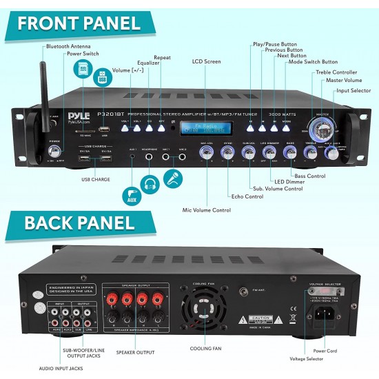 Pyle Multi Channel Bluetooth Preamplifier Receiver Receiver-3000 Watt Audio Home Speaker Sound Stereo Radio, USB, Headphone, AUX, RCA, Dual Microphone w/Echo, LED, Wireless Streaming P3201BT