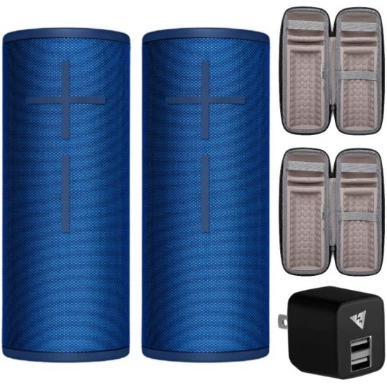 Ultimate Ears Boom 3 Waterproof Bluetooth Speakers Pair (Lagoon Blue) with Included Cables Bundled with 2 Knox Gear Padded Protective Cases and AC Dual USB Wall Adapter (5 Items)