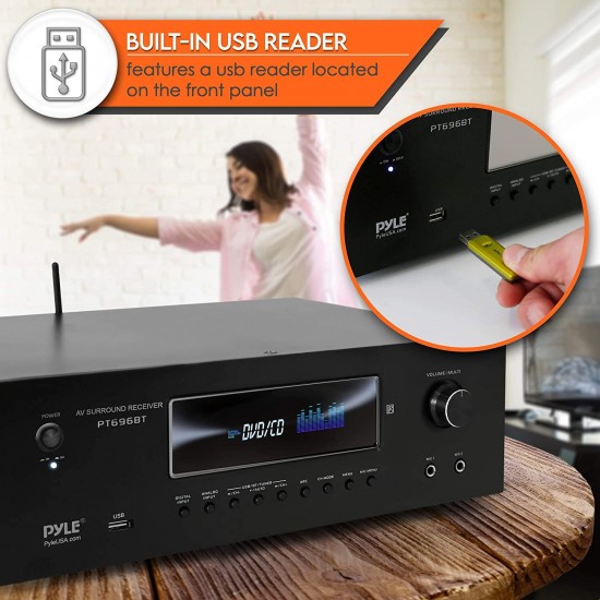 1000W Bluetooth Home Theater Receiver - 5.2 Channel Surround Sound Stereo Amplifier System with 4K Ultra HD, 3D Video & Blu-Ray Video Pass-Through Supports, HDMI/MP3/USB/AM/FM Radio - Pyle