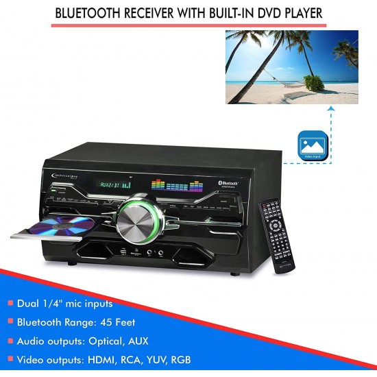 Technical Pro 4000 Watts Professional Bluetooth Home Audio Receiver w/ Built-in DVD Player, Dual 1/4'' Mic and USB SD Inputs, Volume and Echo Controls, Remote Included, for Karaoke, Parties and More