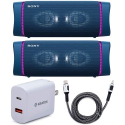 Sony SRSXB33 Extra BASS Bluetooth Wireless Speaker (Blue) Stereo Pair (2 Speakers, Left/Right Channel) with Kratos 18W PD Two-Port Power Adapter and Kratos Nylon Braided Cable Bundle (4 Items)