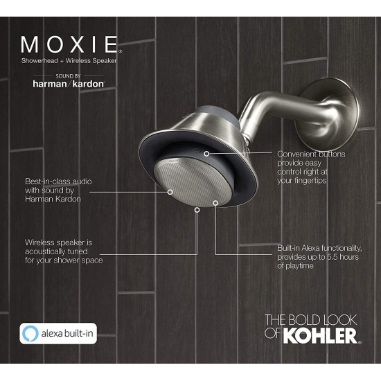 KOHLER Moxie Alexa Enabled Showerhead, Bluetooth Shower Speaker, Shower Radio, Rechargeable Speaker, Portable Speaker, 2.5 GPM, K-28238-NKA-BN, Vibrant Brushed Nickel