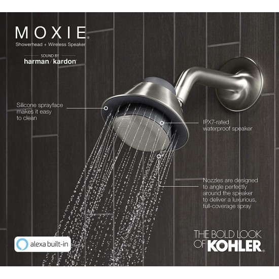 KOHLER Moxie Alexa Enabled Showerhead, Bluetooth Shower Speaker, Shower Radio, Rechargeable Speaker, Portable Speaker, 2.5 GPM, K-28238-NKA-BN, Vibrant Brushed Nickel