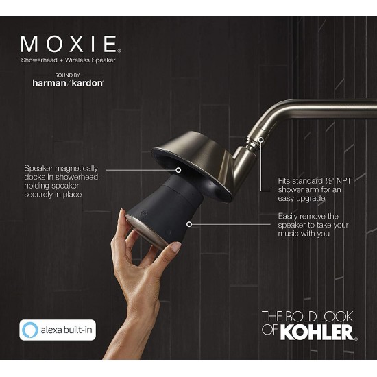 KOHLER Moxie Alexa Enabled Showerhead, Bluetooth Shower Speaker, Shower Radio, Rechargeable Speaker, Portable Speaker, 2.5 GPM, K-28238-NKA-CP, Polished Chrome