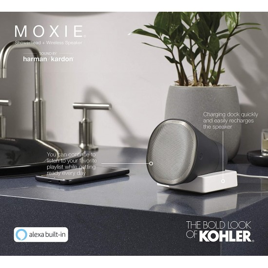 KOHLER Moxie Alexa Enabled Showerhead, Bluetooth Shower Speaker, Shower Radio, Rechargeable Speaker, Portable Speaker, 2.5 GPM, K-28238-NKA-CP, Polished Chrome