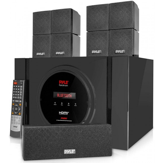 5.1 Channel Amplifier Speaker System - 300W Bluetooth Wireless Surround Sound Home Theater Audio Stereo Power Receiver Box Set w/Built-in Subwoofer, 5 Speakers, Remote, FM Radio, RCA - Pyle PT589BT.5