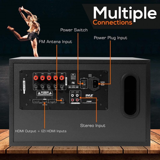 5.1 Channel Amplifier Speaker System - 300W Bluetooth Wireless Surround Sound Home Theater Audio Stereo Power Receiver Box Set w/Built-in Subwoofer, 5 Speakers, Remote, FM Radio, RCA - Pyle PT589BT.5