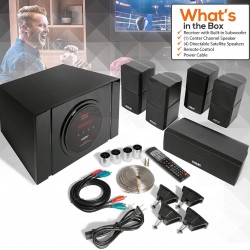 Pyle 5.1 Channel Home Theater Speaker System - 300W Bluetooth Surround Sound Audio Stereo Power Receiver Box Set w/ Built-in Subwoofer, 5 Speakers, Remote, FM Radio, RCA - PT589BT,Black